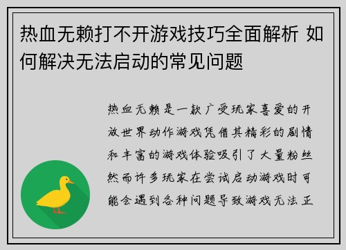热血无赖打不开游戏技巧全面解析 如何解决无法启动的常见问题